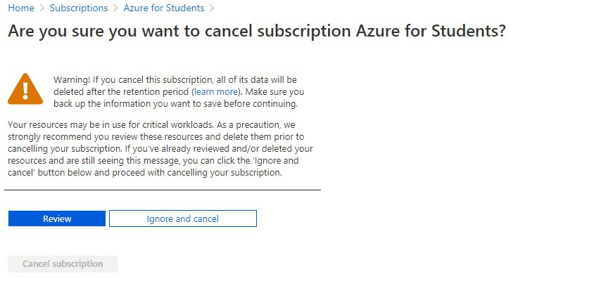 Azure subscription Cancel