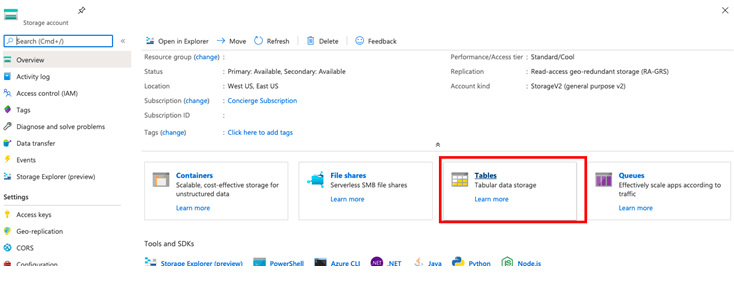 Create a Table in Azure Storage